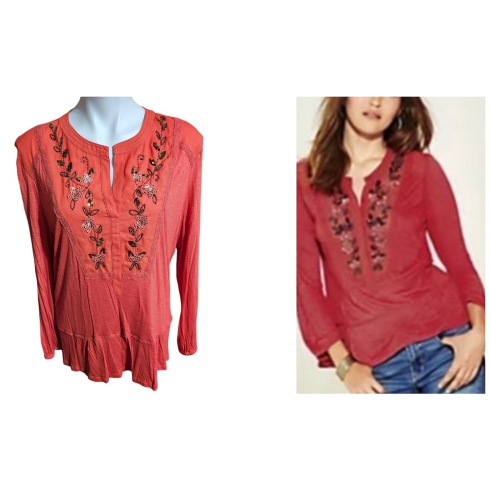 Vintage America Split neck Beaded Top Dark Orange Size XL